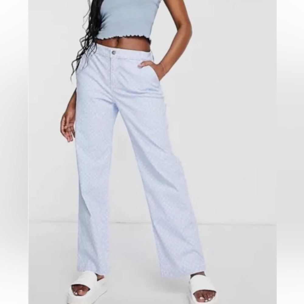 Hollister High Rise Utility Dad Pants Light Blue Checkered Straight Leg size 30